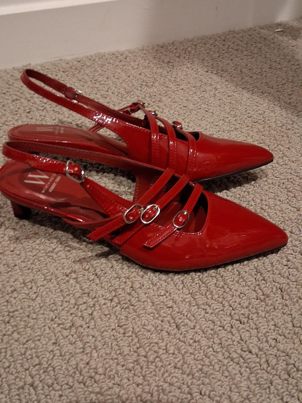 Worthington Red Patent Slingback Pointed-Toe Heels with Triple Straps